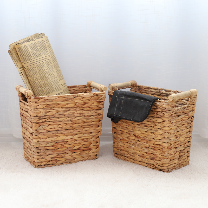 Transfronterizo de caña tejida almacenaje de tela de paja tejida cesta de ropa sucia mango de madera de almacenamiento de gran capacidad para el hogar