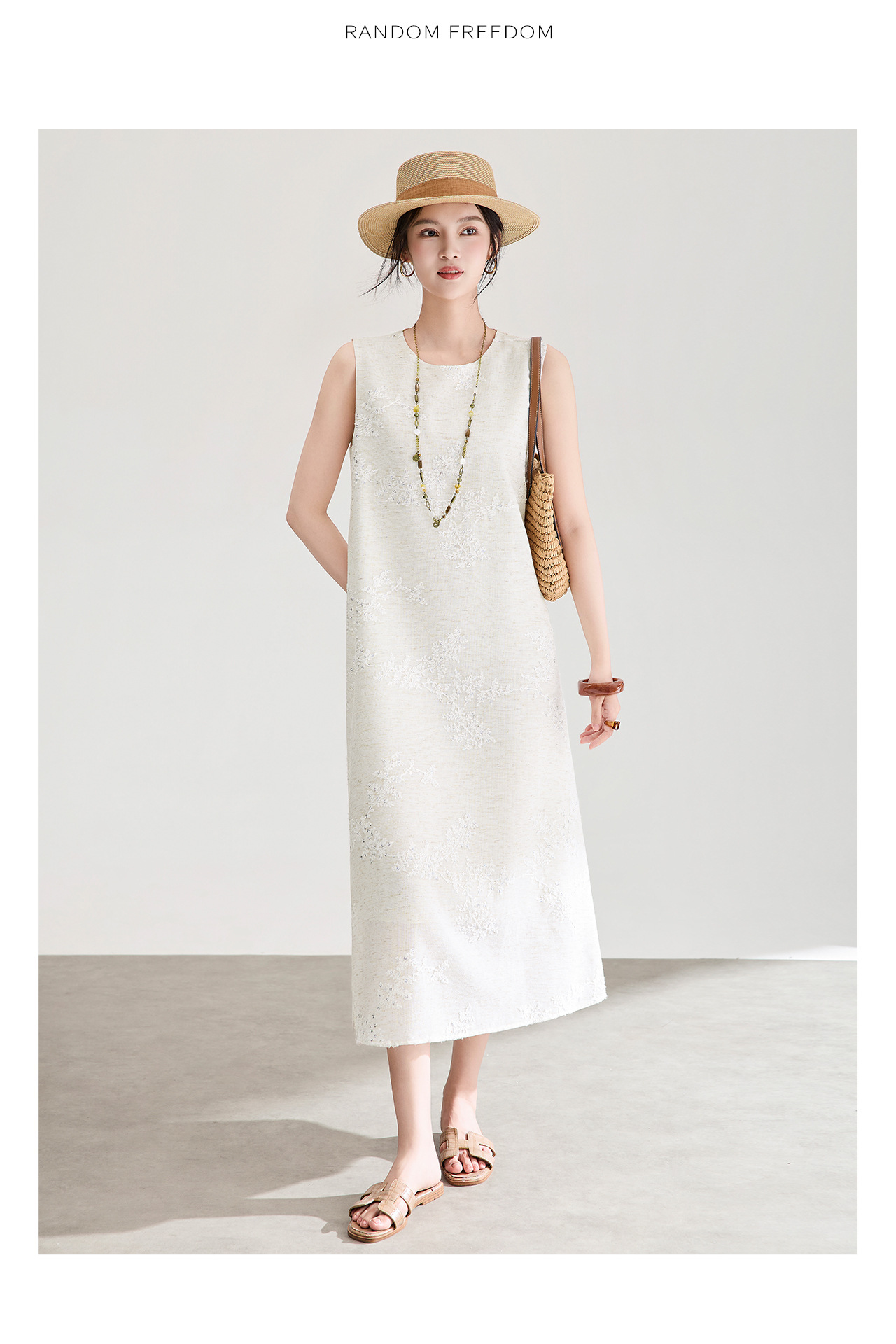 Đầm maxi nữ không tay thêu sequin hoa trắng phong cách nghỉ dưỡng — màu sắc chi tiết 15