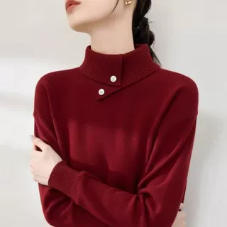 一体绒橘色不规则翻领针织女秋冬新款保暖内搭半高领加厚毛衣打底