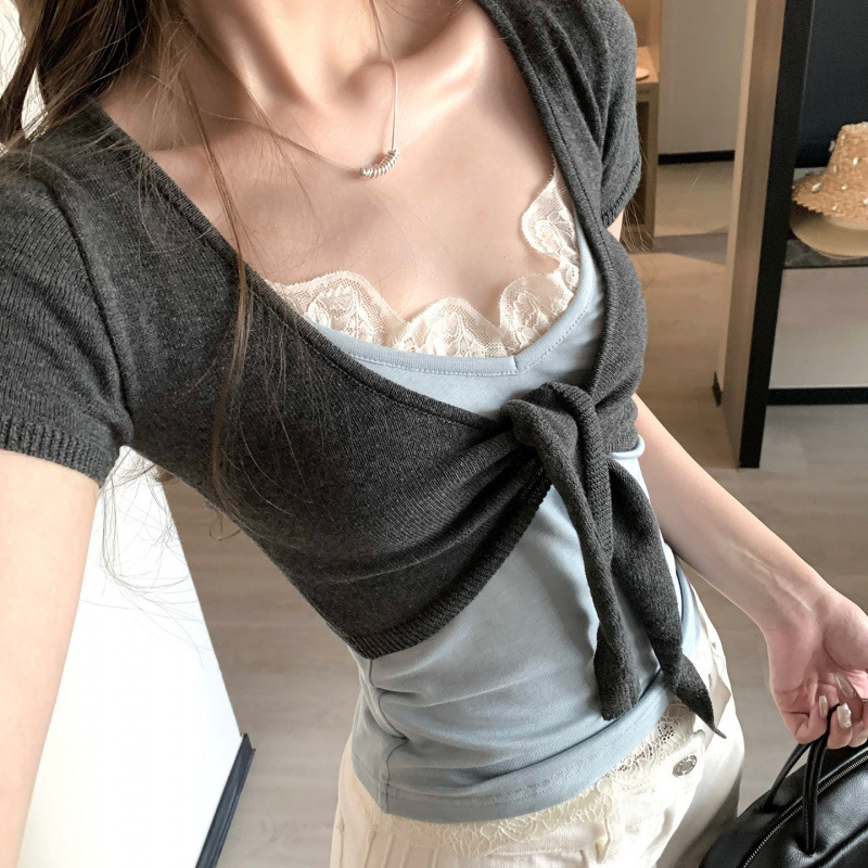 2026 Brat Girl~Small Version of Korean-Style Short Versatile Layered Short-Sleeve Top for Women with Tie-Up Knit Cardigan