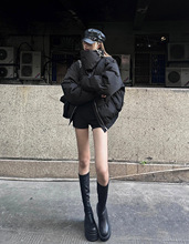 设计感美式街头黑色立领铺棉外套女冬季新款中性宽松加厚棉衣短款