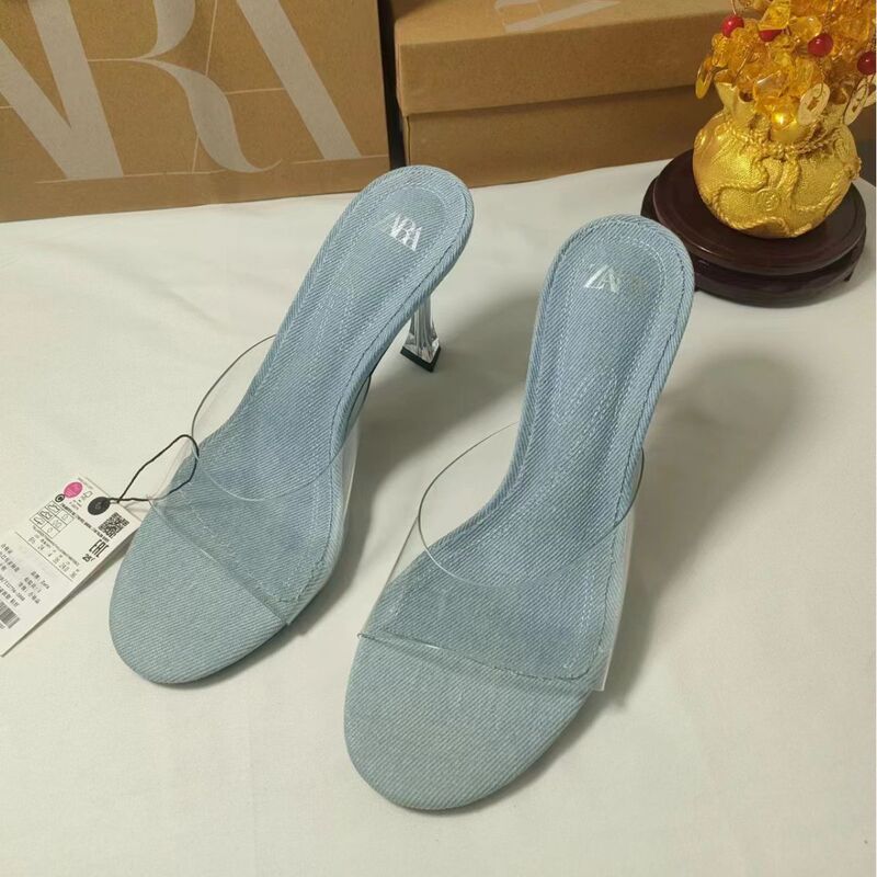 ZA foreign trade 2023 new women's shoes denim material transparent PVC fish mouth high heel slippers sandals crystal heel