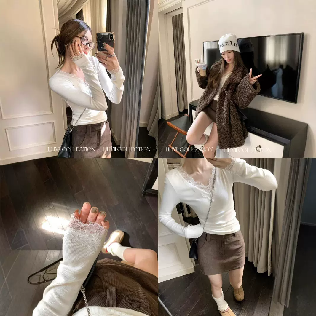 #新款心动crush元素蕾丝花边打底衫女秋冬磨毛修身针织上衣