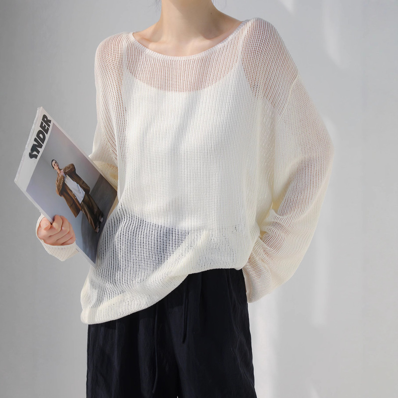 One-Line Round Neck Loose Tencel Linen Cut Out Sun Protection Blouse Women's Long-Sleeved Knitwear Versatile Suspender Dress