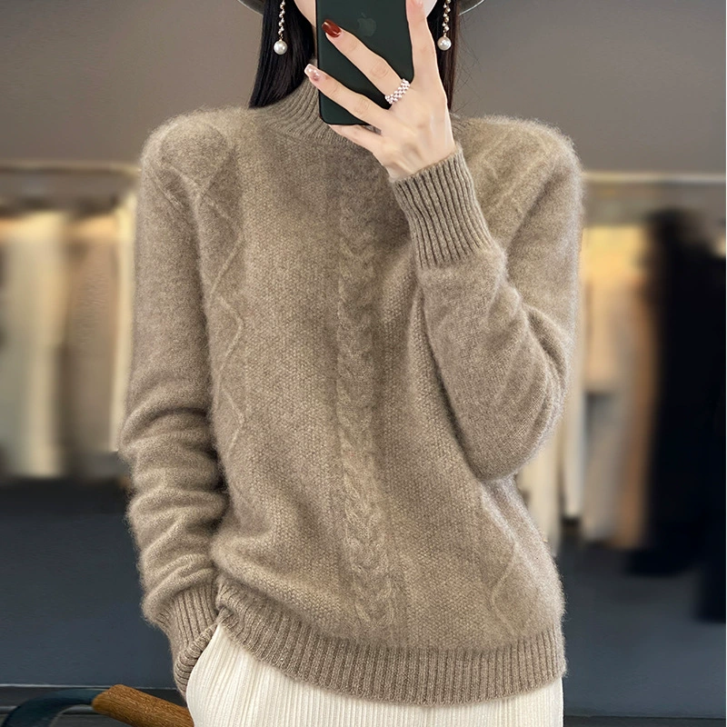 2024 осень-зима новый полувысокий воротник 100% свитер женский толстый свитер свободный ленивый свитер