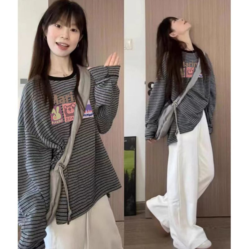 黑色纯棉条纹长袖T恤女秋冬2025新款洋气宽松慵懒风圆领百搭上衣|undefined