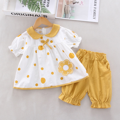 Women's Summer 2024 New Han Style Children's Floral Polka Dot Short Sleeve Shirt and 5/8 Trousers Set for Kids - Wholesale