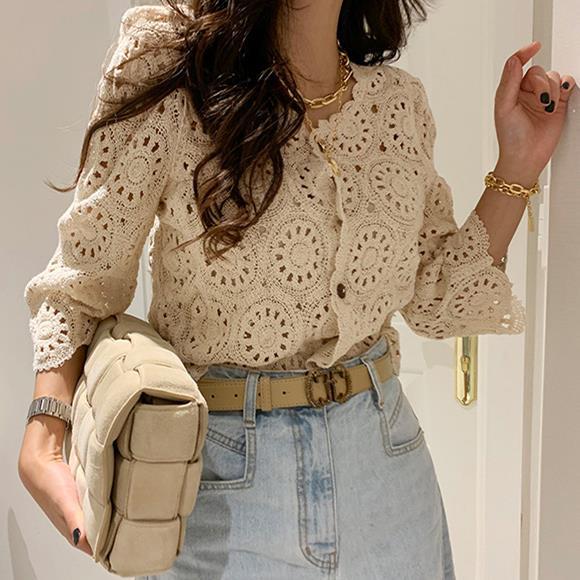 2022 summer new Korean style hollow-out knitted crocheted cardigan top slim slimming elegant