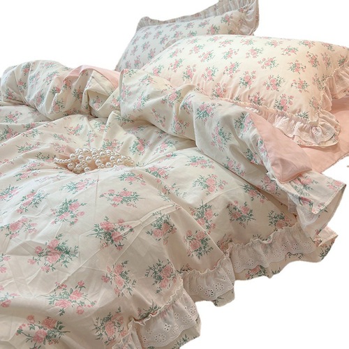 French ins small floral cotton bed four-piece set cotton quilt cover bed sheet bed skirt princess style bed skirt four-piece set