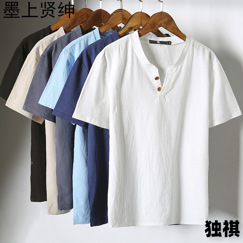 2022 verano camiseta de manga corta de lino japonés talla grande de algodón y lino de media manga camiseta delgada para hombre cabello de una pieza