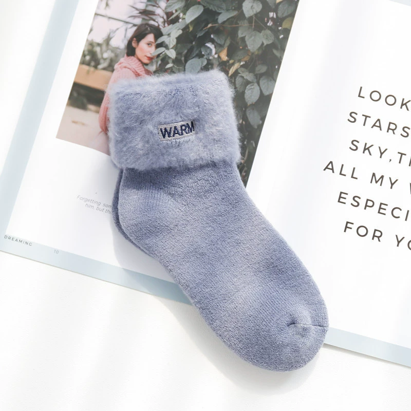 Warm knee socks with plush fur cuff and embroidery, mid-length, assorted colors