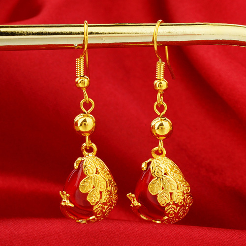 Vietnam Sand Gold Phoenix Gemstone Earrings Ear Hooks Gold Plated Retro Peacock Transfer Beads Long Tassel Temperament Earrings for Women