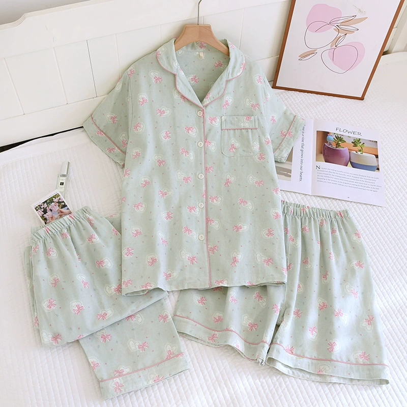 Cotton pijama, gauze summer set, fresh shorts, trousers, 3 piece set, with short sleeve