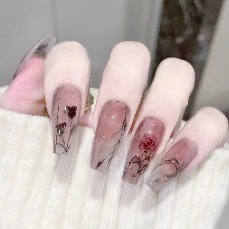 ネイルアート ウェアラブルネイル ミディアムロングタイプ 氷のように透明な椿の花柄 付け爪 ピュアでセクシーなオーロラダイヤモンド風ネイルチップ|undefined