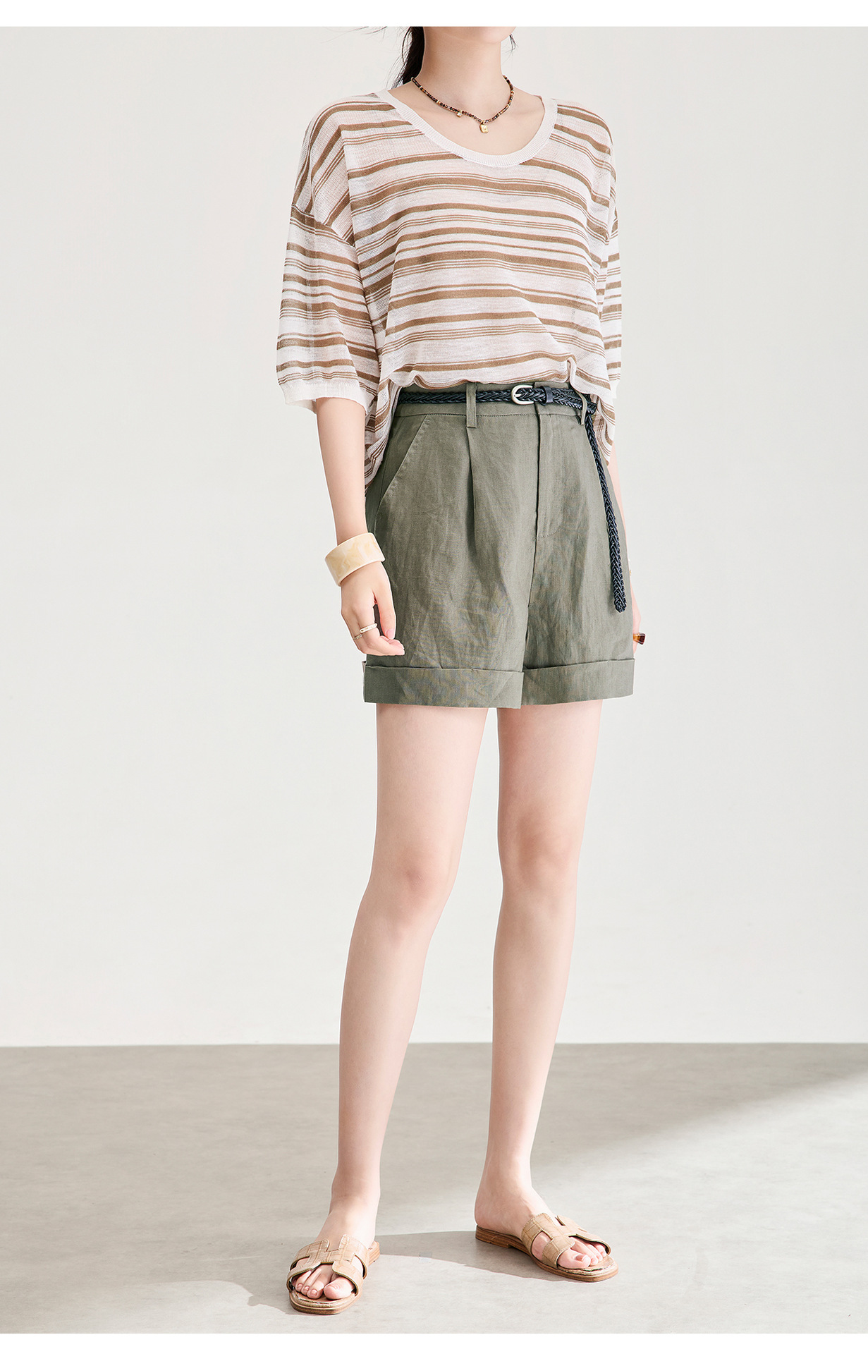 Quần short nữ kaki cạp cao ống suông chống nhăn phong cách công sở — Xanh lông mòng đen chi tiết 18