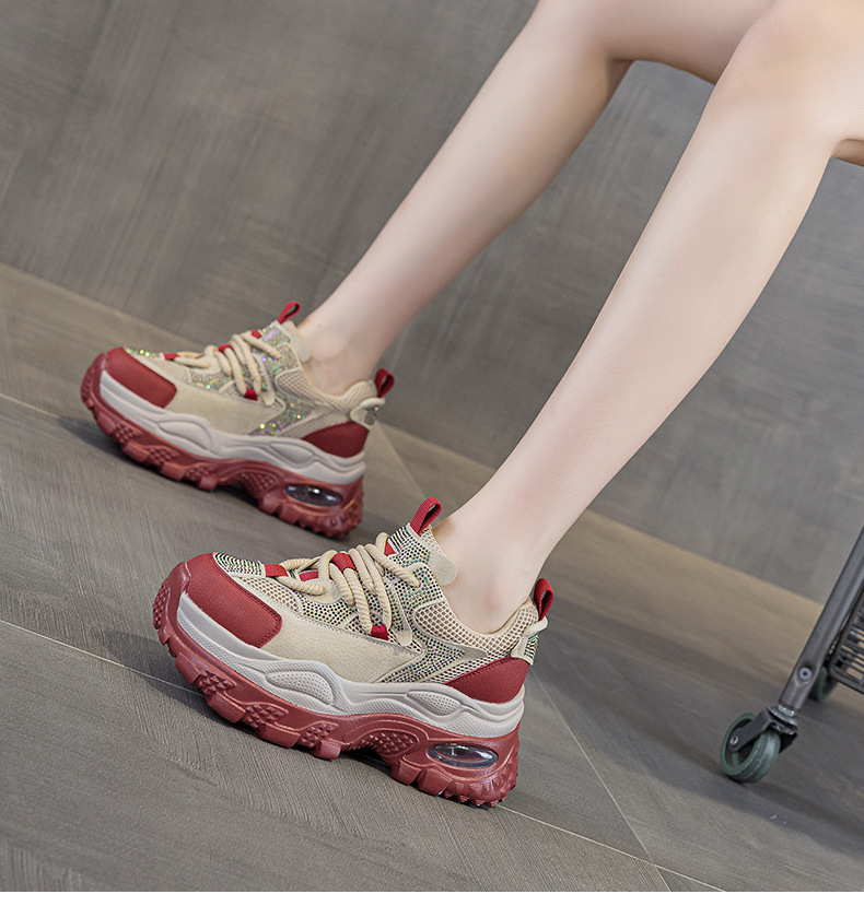 Giày sneaker nữ chunky đế dày phong cách retro, tăng chiều cao, đính đá lấp lánh — M2911 vàng, M2911 be, M2911 đỏ, M2911 xanh lá chi tiết 26