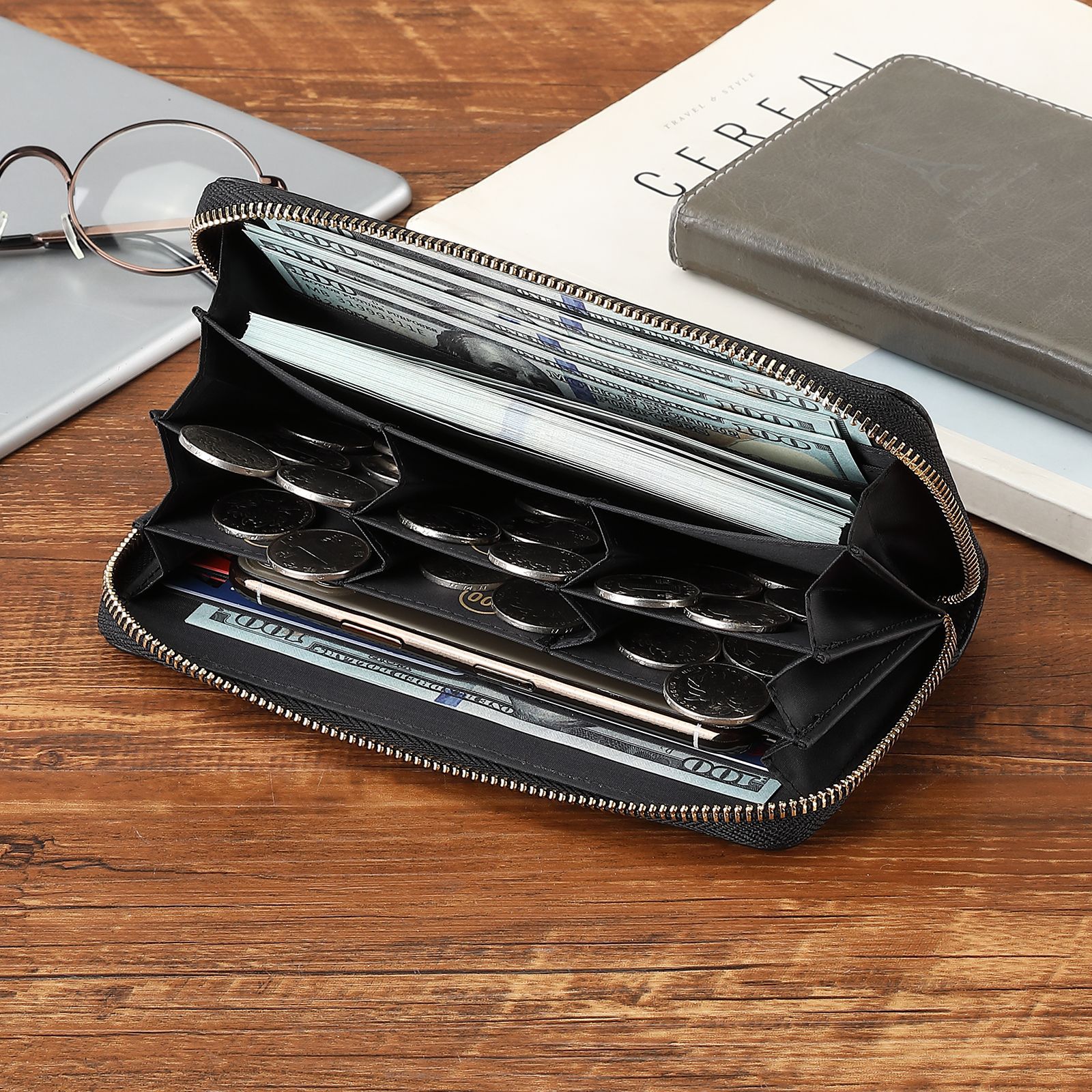 Fashionable trend long ultra thin capacious wallet with zipper, genuine leather