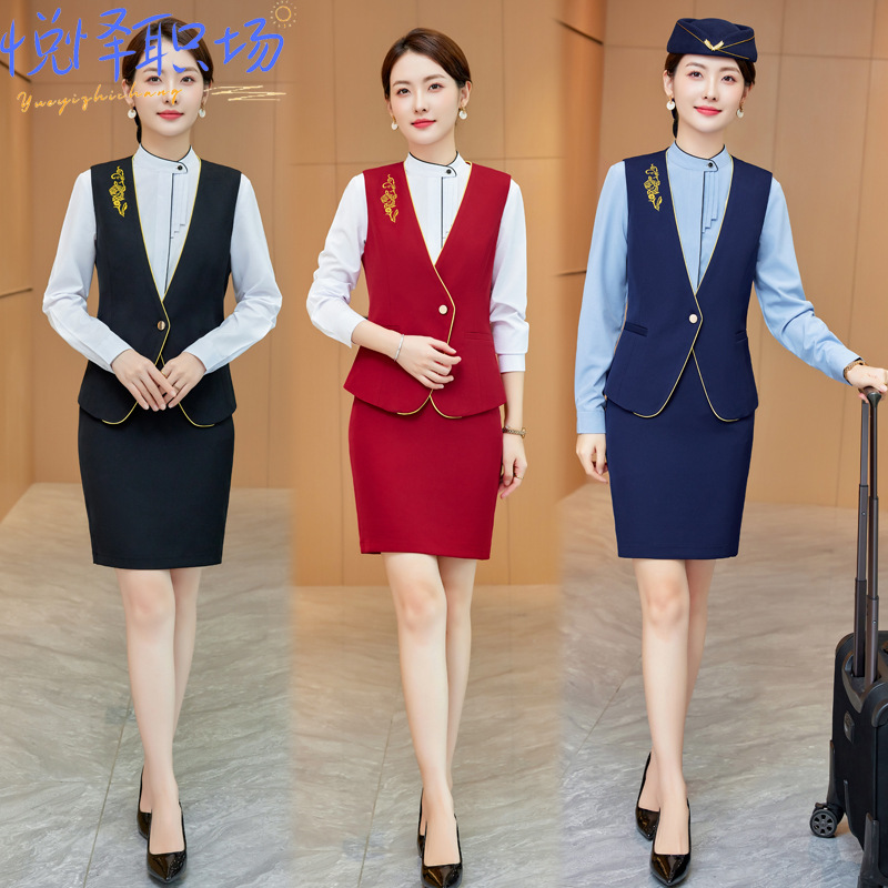 High-end stewardess uniform female professional suit autumn and winter high-speed rail staff hotel front desk vest skirt beautician overalls