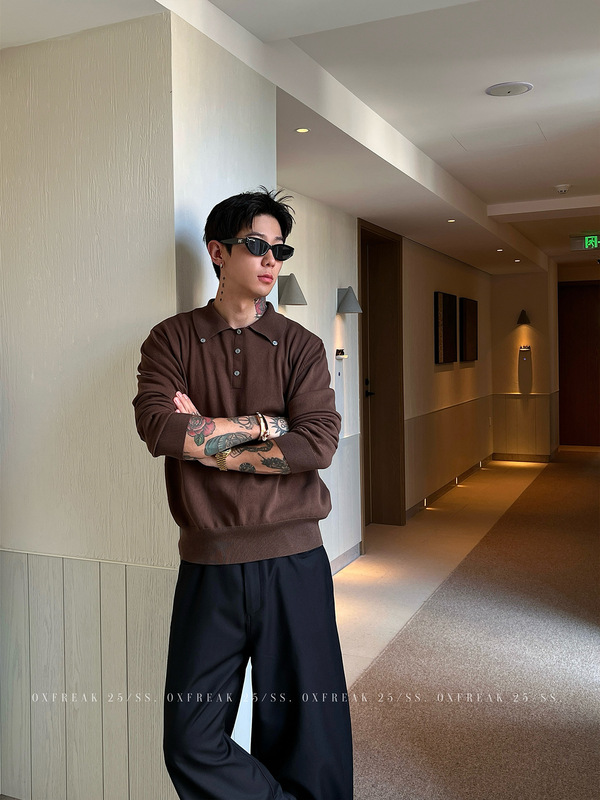 OXFREAK「老钱风 五粒扣」纯色针织长袖polo衫男韩系内搭翻领t恤|undefined