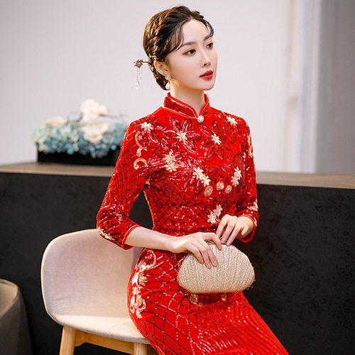 Red Sequined Chinese Dresses for women Oriental Qipao Cheongsam Wedding party Engagement Bride Toasting Dress Retro host singers model Banquet dress