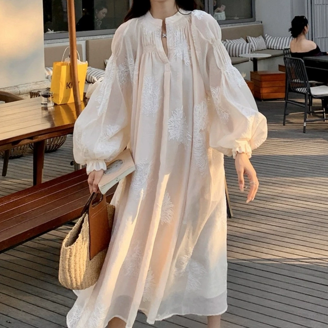 Французская вышивка ленивая, романтичная ретро свободная юбка с рукавами фонаря