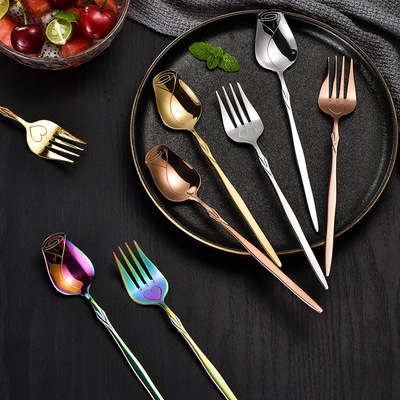 創意勺子不鏽鋼玫瑰花勺湯勺湯匙飯勺甜品叉贈品甜品勺水果沙拉叉