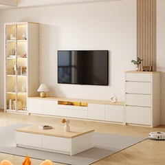 クリーム風床置きテレビキャビネット収納一体茶卓セット現代小戸型客間家庭用背景壁