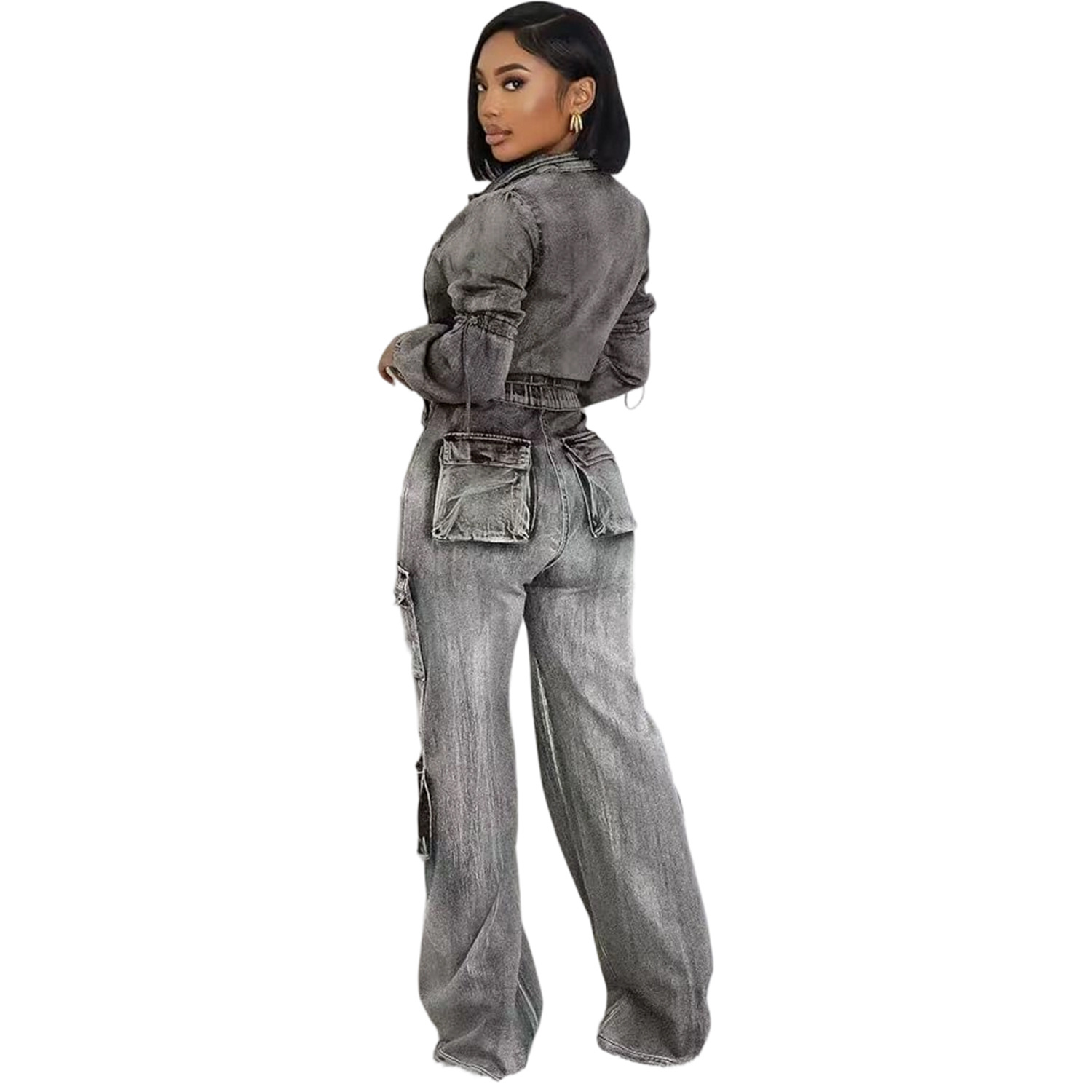 Dam denim set med stretch och högmidjade utility-byxor_voghion.com