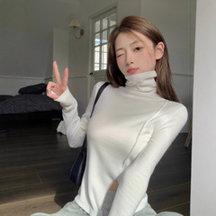 韩系不规则堆堆领长袖打底衫女秋冬修身短款别致开叉辣妹高领上衣