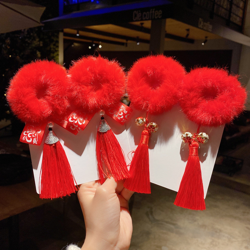 Año Nuevo accesorios para el cabello imitación conejo de peluche anillo de pelo estilo chino niños Hanfu accesorios para el cabello niña bebé Bola de piel roja estilo antiguo