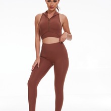 新款跨境性感美背运动拉链显廋收身提臀收腰健身瑜伽连帽套装