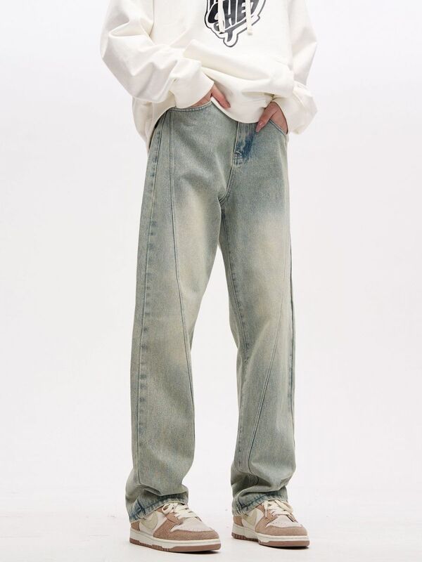 Ins Layered Vintage Yellow Mud-Dyed Deconstructed Jeans for Men with a High-End Feel and Niche Design, Loose Straight-Leg Pants
