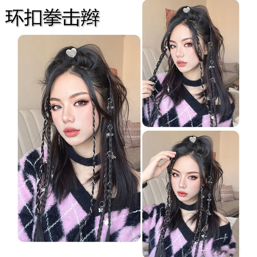 Y2K Boxing Braided Wig for Women, One-Size Hot Pink Fishbone Braided Ring Clip Messy Braided Ponytail Hair Accessory, Sufficient Stock