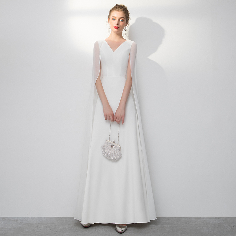 White Floating Shoulder Banquet Evening Dress for Women, Simple and Elegant Long Catwalk Dress, Host Party Dress