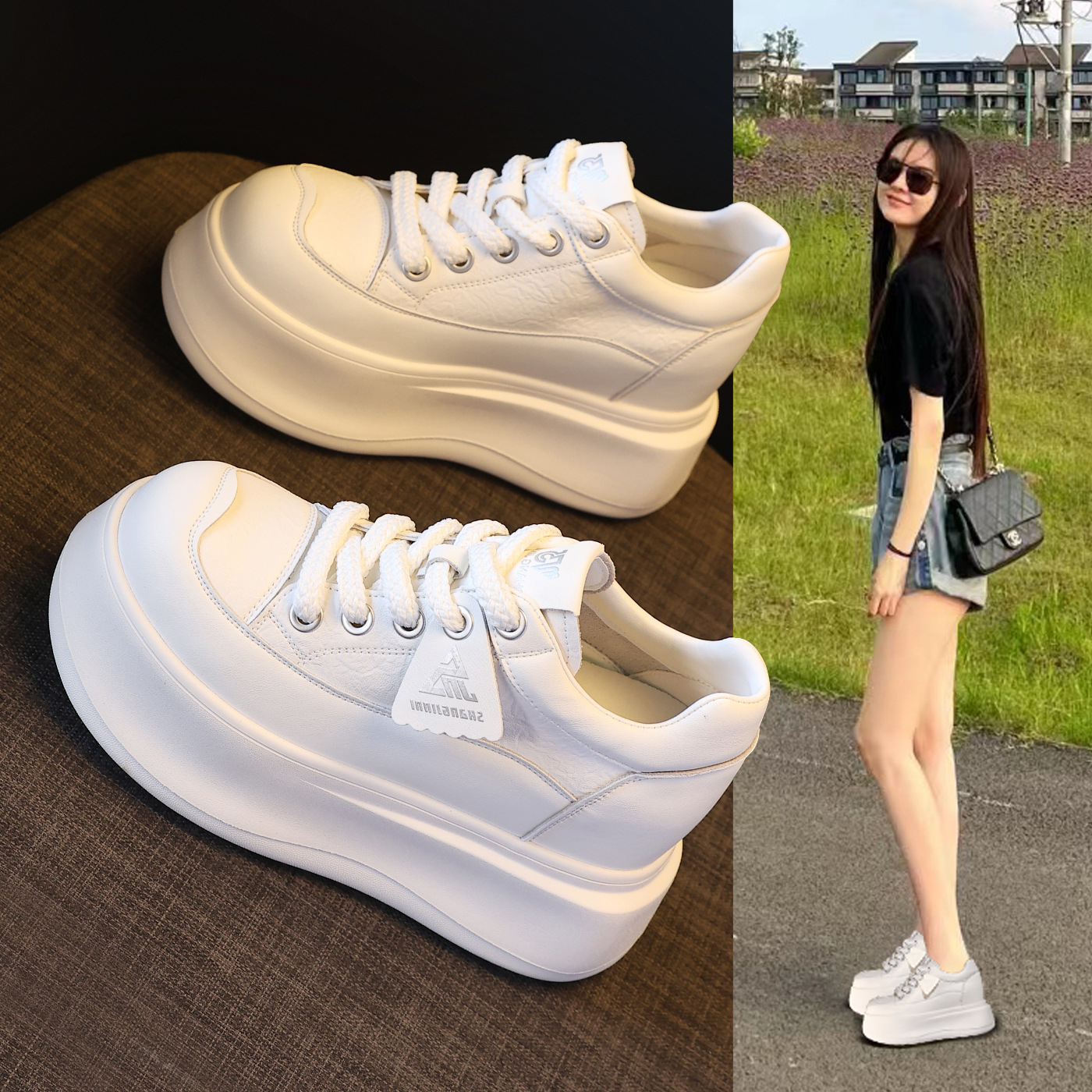 Giày sneaker nữ đế dày tăng chiều cao siêu nhẹ phong cách thể thao — màu trắng