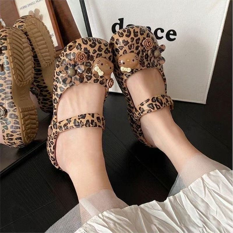 Leopard Print Black Leather Kt Ballet Clogs for Women, Cute Thick-Soled Soft-Soled Non-Slip Slip-On Sandals, Beach Closed-Toe Slippers