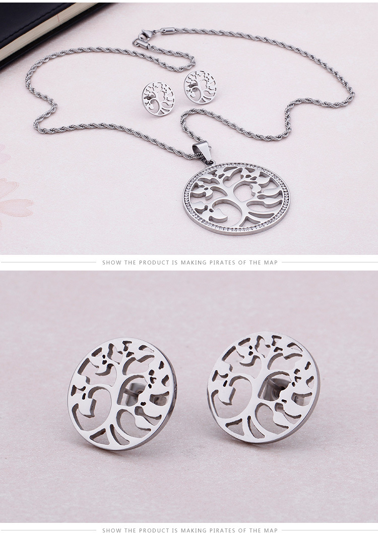 simple tree of life hollow stainless steel necklace earring set wholesale Nihaojewelry