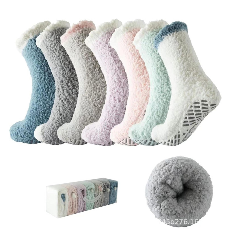 Women's Slipper Socks with Anti-Slip Grip, Non-Slip Socks with Adhesive Dots, Cross-Border Amazon Coral Fleece Socks, Mid-Calf Floor Crew Socks