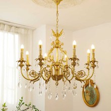 全铜法式现代水晶吊灯美式复古风客厅餐厅卧室灯艺术工艺款铜吊灯