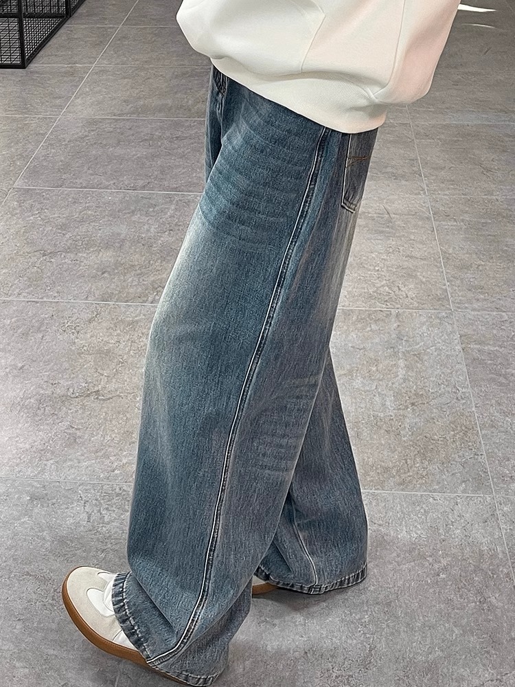 アメリカンワイド脚ゆるいジーンズ男春秋高街レトロ水洗いストレートパンツ男子スラックス感モップ