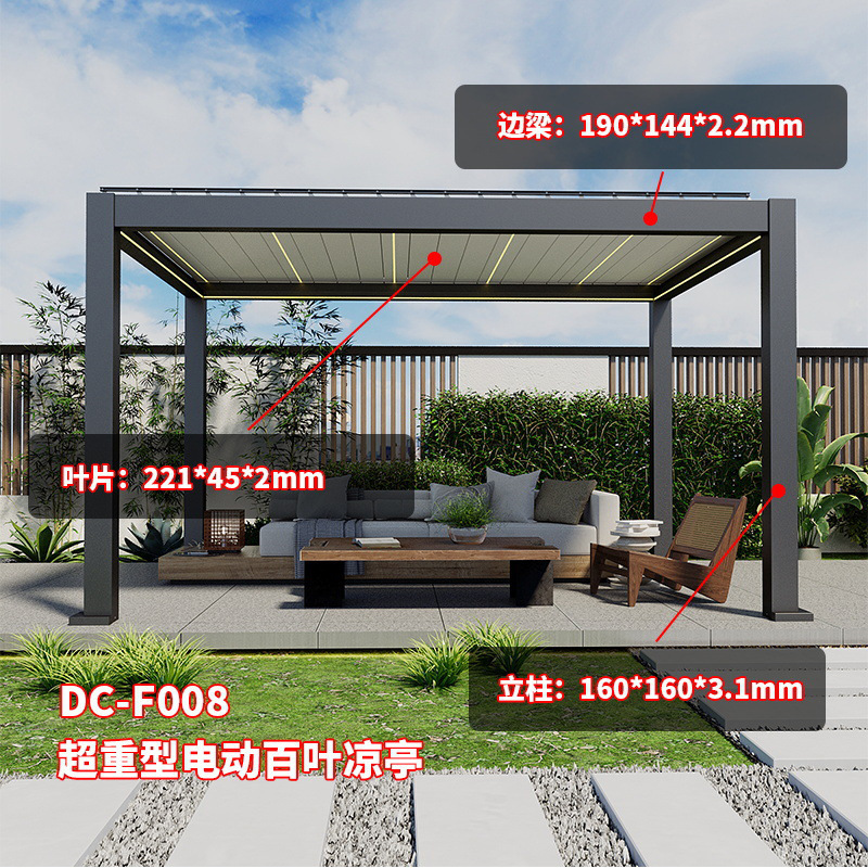 Waterproof and Wind-Resistant Louvered Gazebo with Smart Electric Retractable Sunshade and Rain Protection for Villa Gardens and Courtyard, Stable Structure