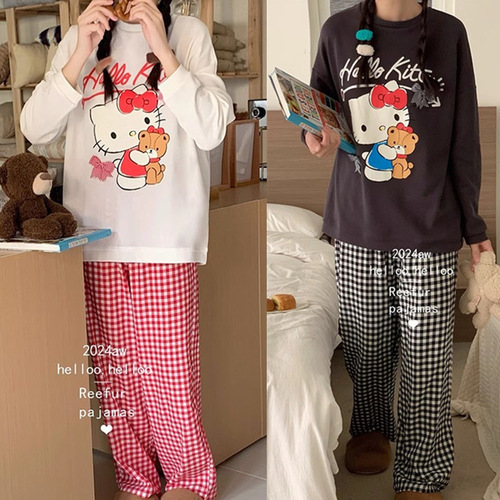 Spring and Autumn Style Loose Round Neck Cute Cartoon Cat Homecoming Set with Long Sleeve Top and Bottom Pants
