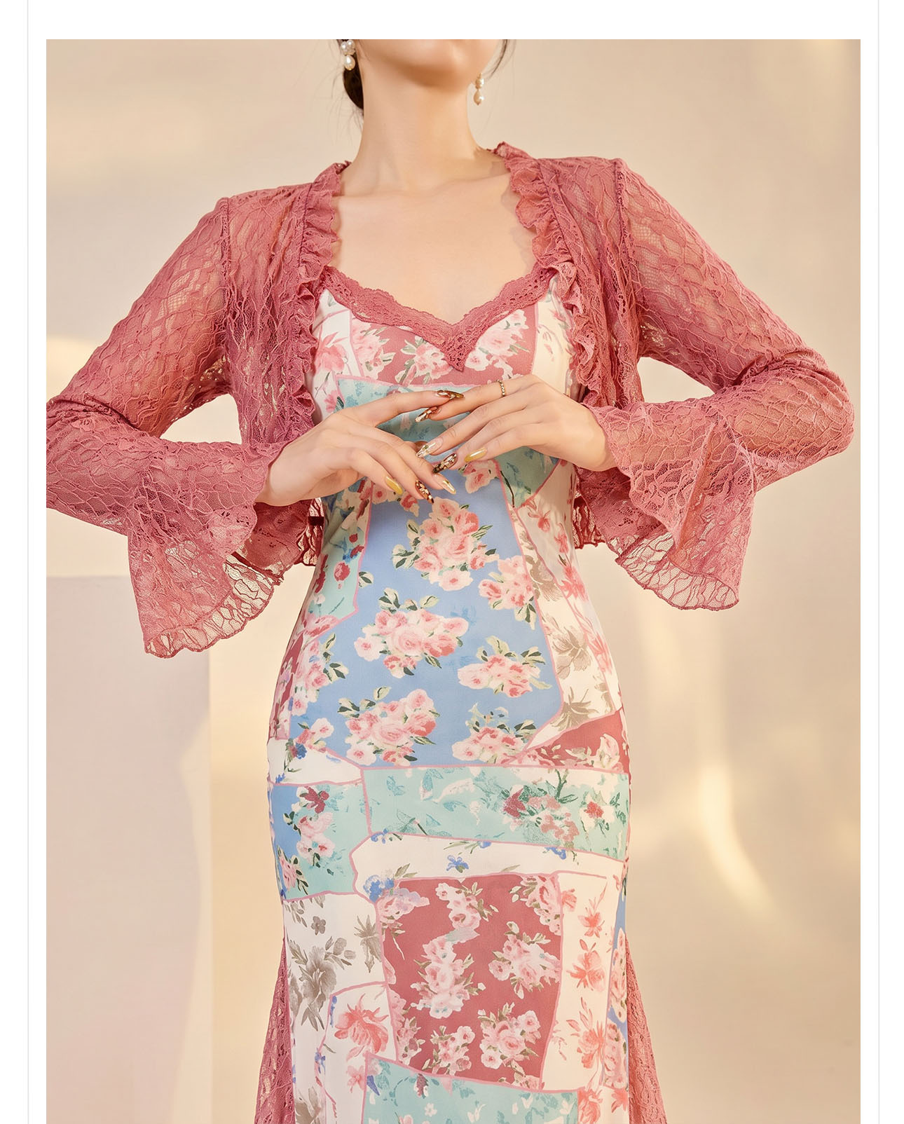 Bộ cardigan ren và váy đuôi cá thanh lịch phong cách lãng mạn — áo, bộ đồ, Trang phục Sling chi tiết 6