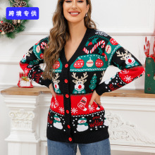 现货毛衣定制外贸欧美提花圣诞毛衣亚马逊秋冬宽松单排扣针织开衫