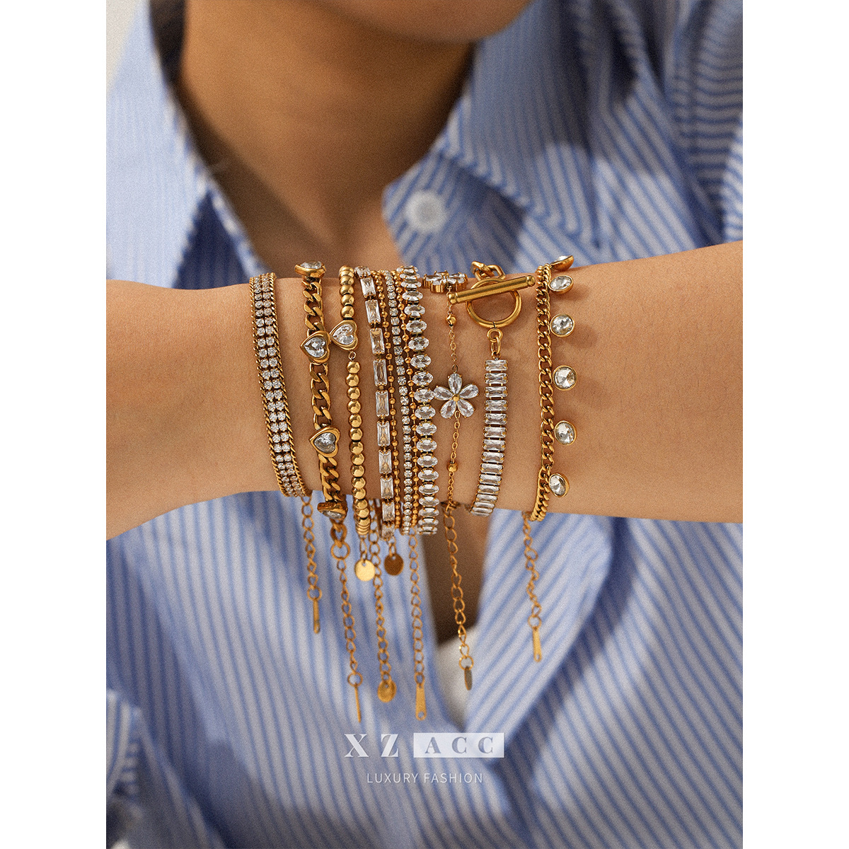 European and American Cross-Border Ins Style Classic Simple Fashion 18K Gold Stainless Steel Zircon Bracelet Non-Fading Jewelry Wholesale Women