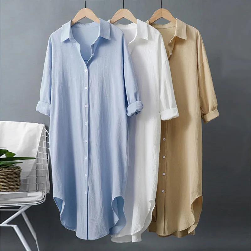 A large number of in stock Amazon European and American foreign trade women's sunscreen shirts, loose casual mid to long pocket cotton and linen shirts