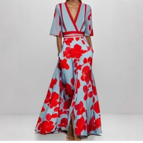2025 European and American Foreign Trade Amazon Fashion Elegant Temperament V-Neck Women's Printed Lace-Up Large Skirt dress Women