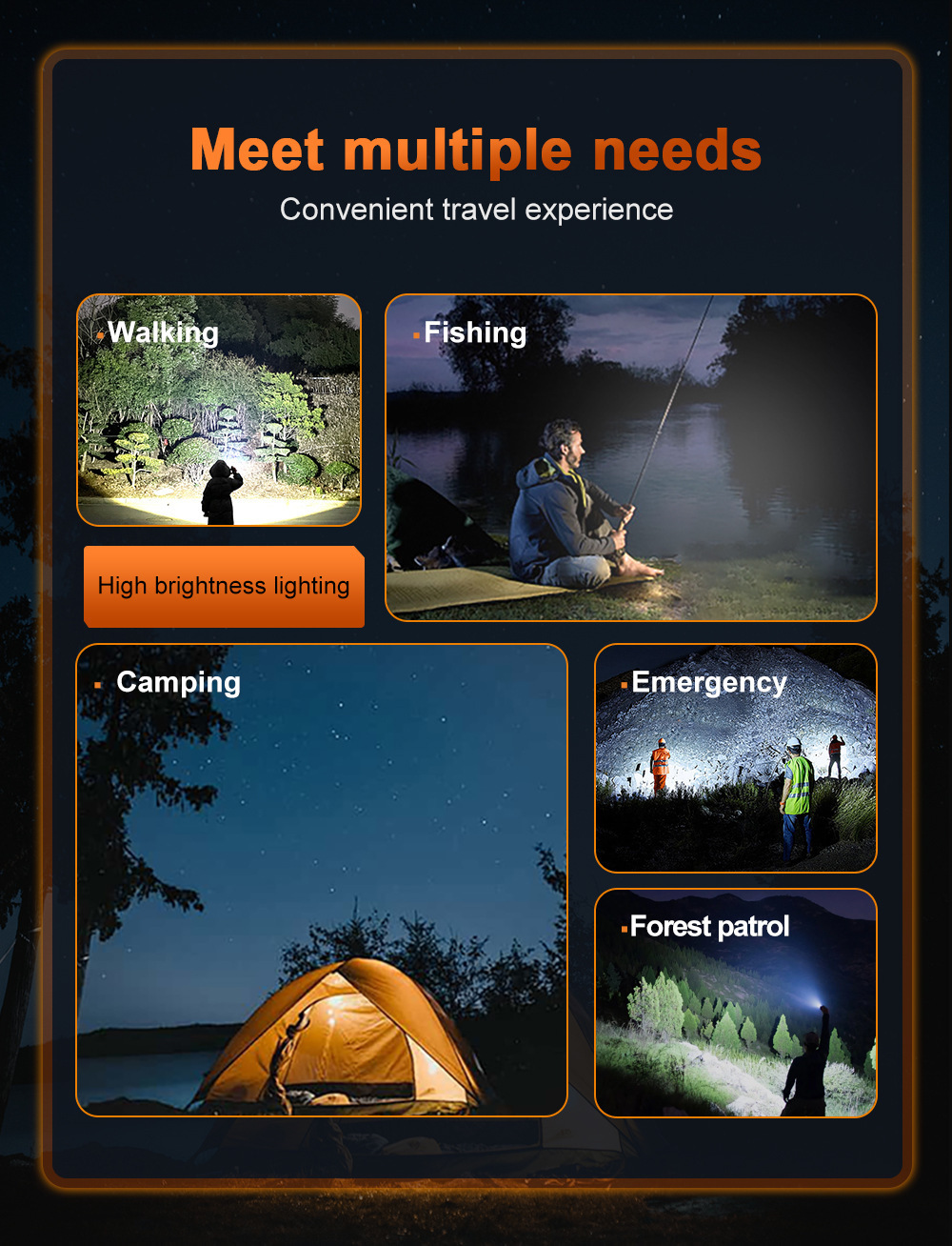 Outdoor high-brightness flashlight LED rechargeable lighting lamp for camping emergency use with multi-level adjustment and battery indicator