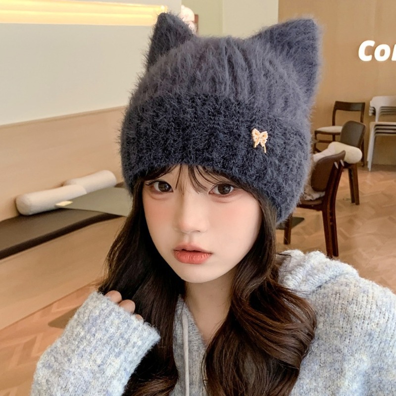 秋冬季可爱猫耳朵毛线帽子女加厚保暖户外防寒可爱舒适百搭针织帽|undefined