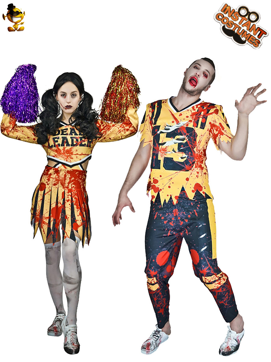 Halloween hombres y mujeres pareja de zombie sangriento rugby cheerleader partido traje del funcionamiento la etapa